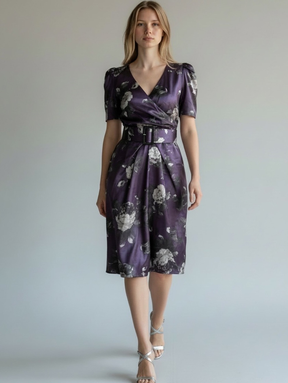 Vintage Wrap Front Dress Purple Grey Floral Satin Belted Pockets Small